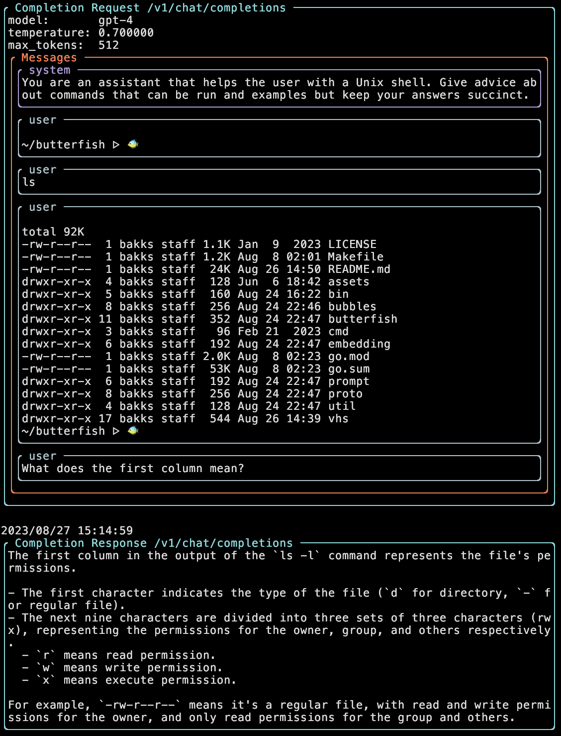 The verbose output of Butterfish Shell showing raw AI prompts